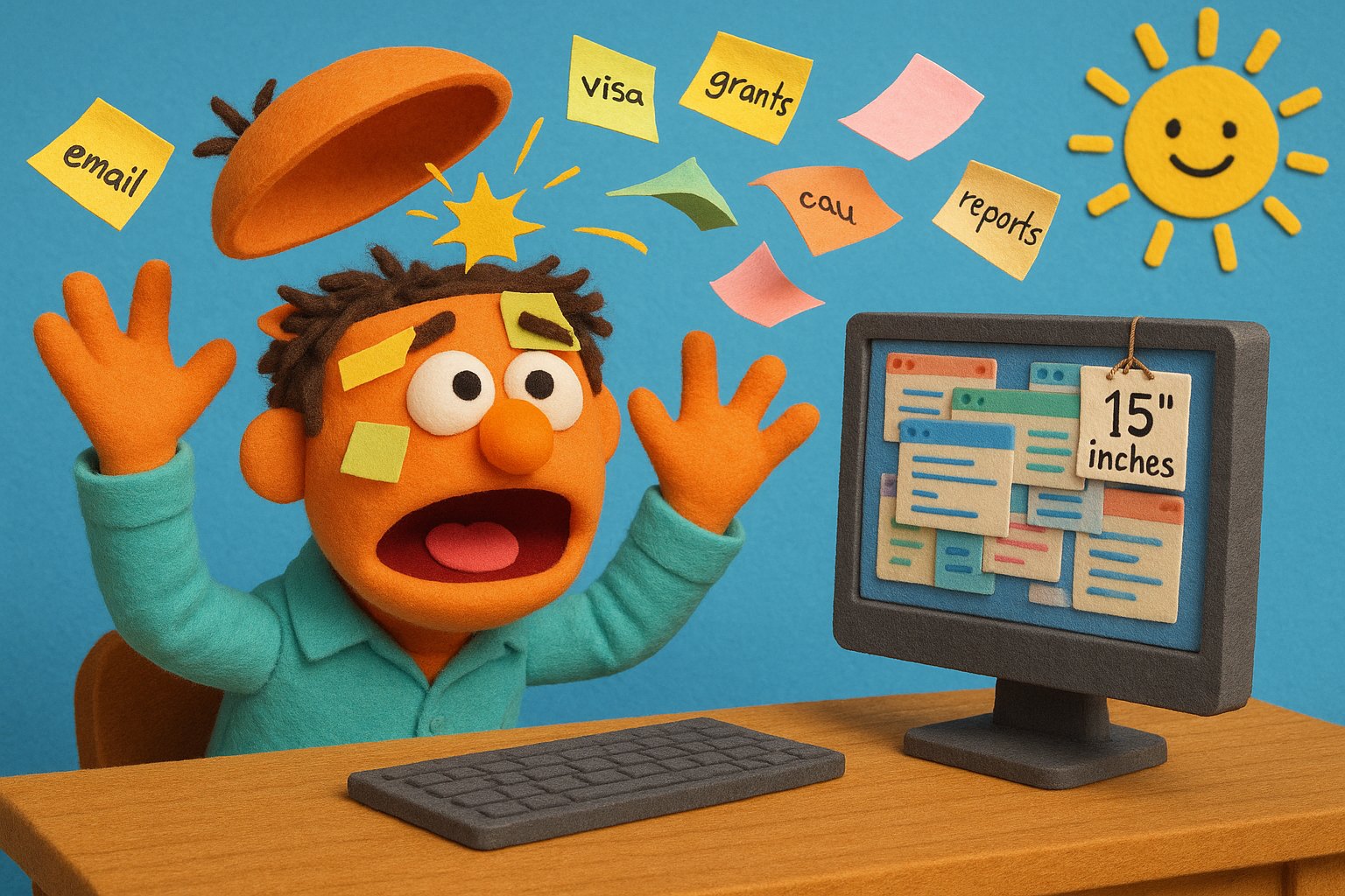 Sesame-Street-style felt puppet of a man at a 15 inch monitor, the top of his head popped open, sticky-note tasks pinned to his forehead and flying out